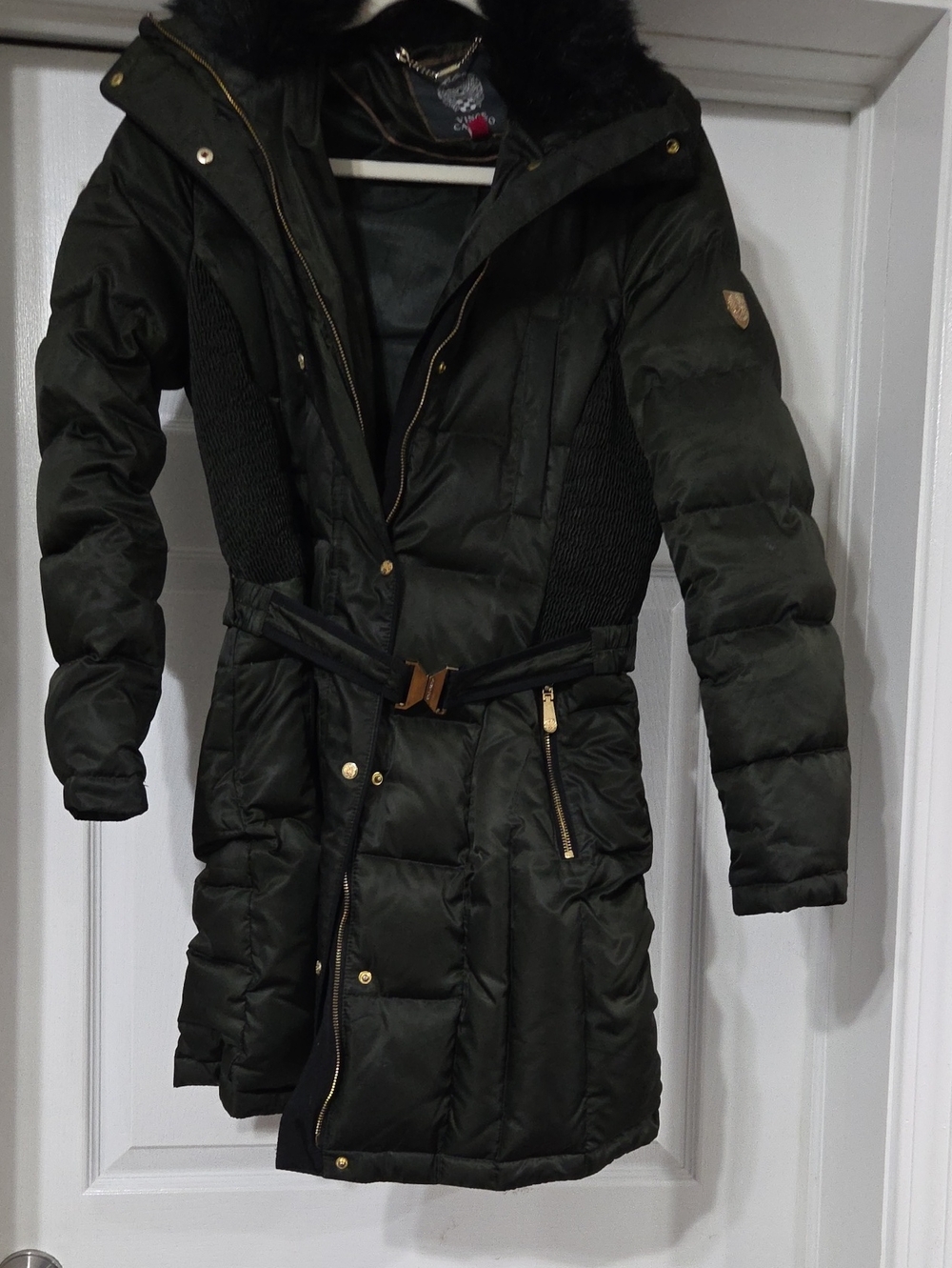 Polyester down puffer coat, Vince Camuto, long parka with faux fu collar